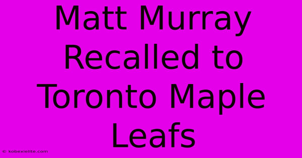 Matt Murray Recalled To Toronto Maple Leafs